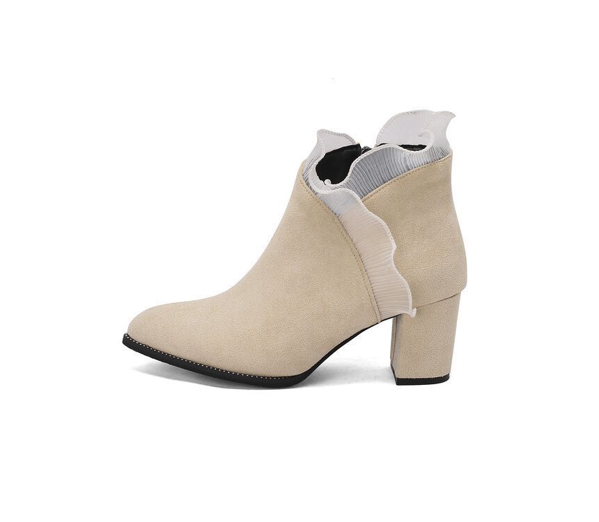 Ruffle Trim Chunky Heel Ankle Boots