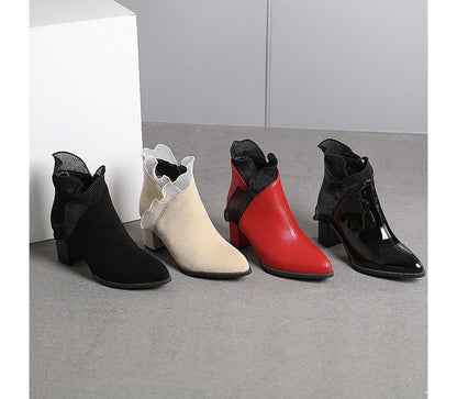 Ruffle Trim Chunky Heel Ankle Boots