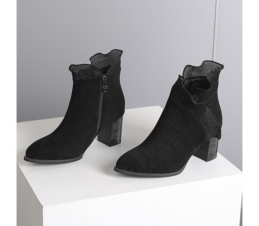 Ruffle Trim Chunky Heel Ankle Boots