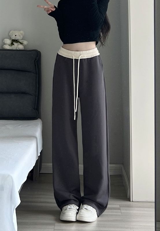 Paneled High Waist Drawstring Pocket Wide Leg Sweatpants