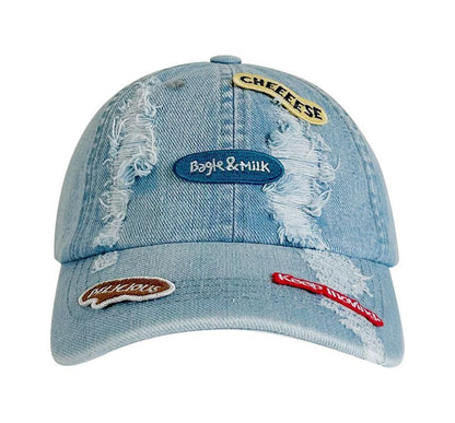 Lettering Applique Distressed Denim Baseball Cap