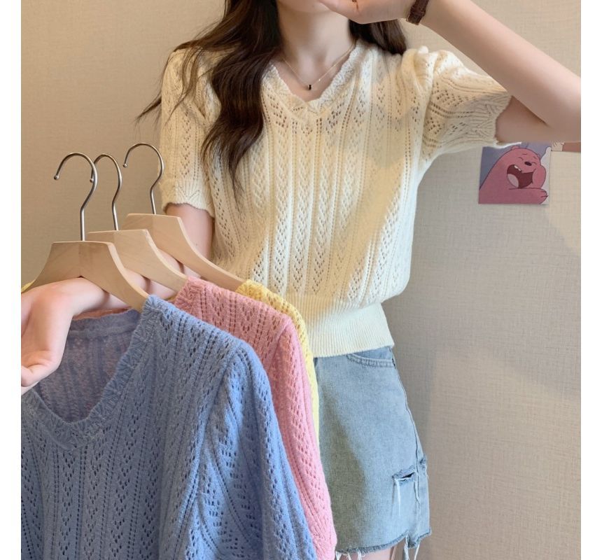 V-Neck Short-Sleeve Crochet Top Knit