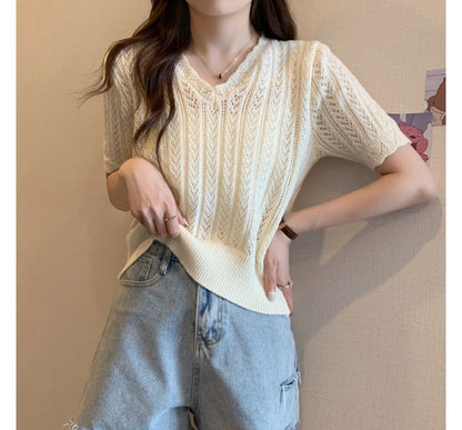 V-Neck Short-Sleeve Crochet Top Knit