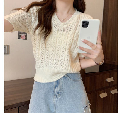 V-Neck Short-Sleeve Crochet Top Knit