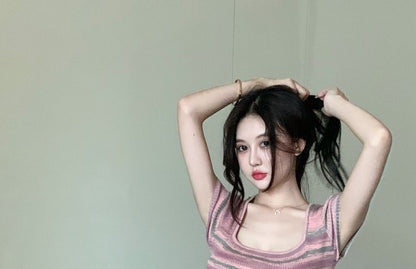 Mini Striped Dress Square-Neck Short-Sleeve Slim-Fit