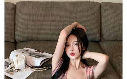 Mini Striped Dress Square-Neck Short-Sleeve Slim-Fit