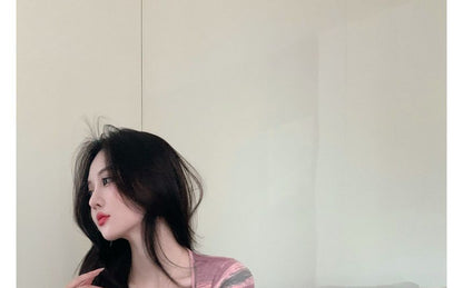 Mini Striped Dress Square-Neck Short-Sleeve Slim-Fit