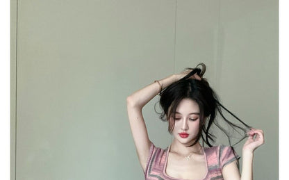 Mini Striped Dress Square-Neck Short-Sleeve Slim-Fit