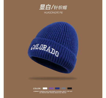 Lettering Embroidered Knit Beanie