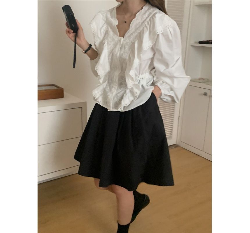 Puff-Sleeve Frill Trim Plain Blouse