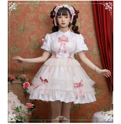 Lolita Short-Sleeve Band Collar Bow Accent Two Tone Lolita A-Line Dress