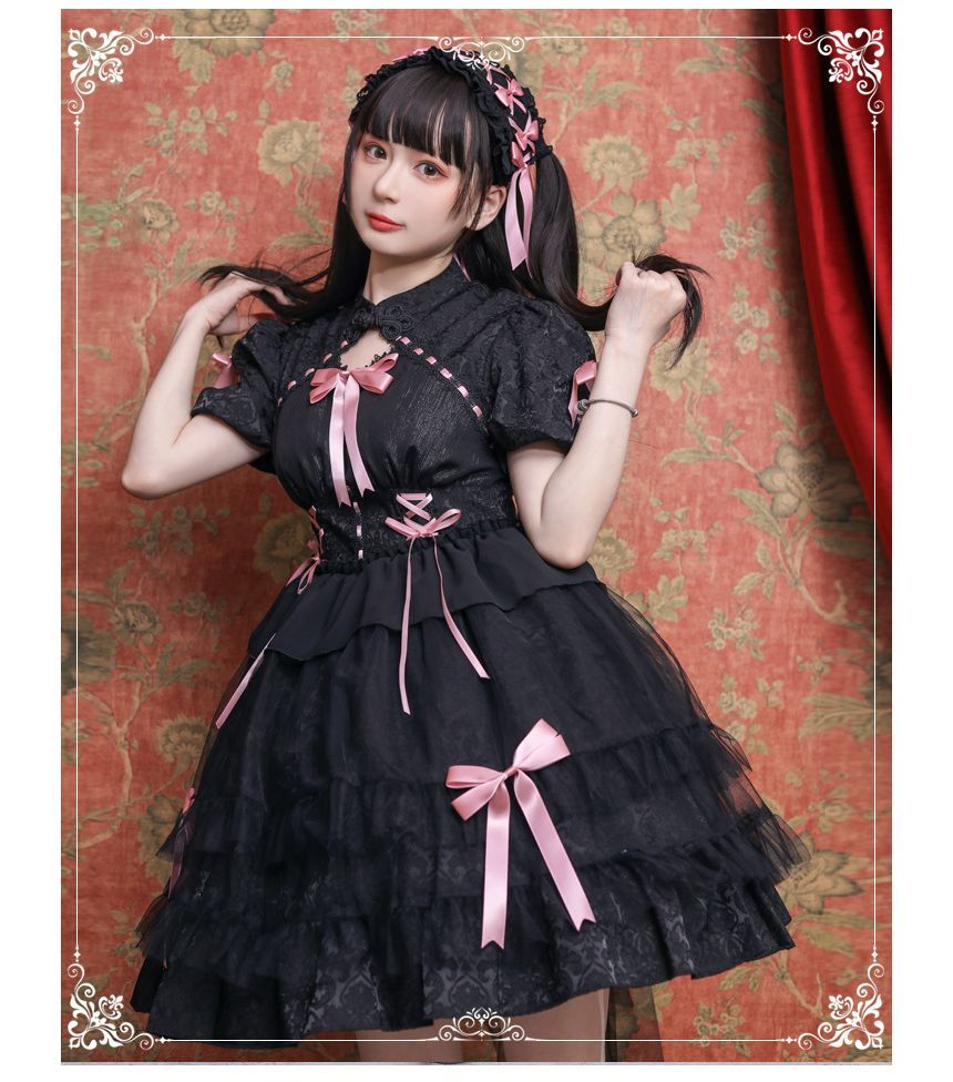 Lolita Short-Sleeve Band Collar Bow Accent Two Tone Lolita A-Line Dress