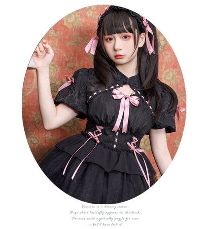 Lolita Short-Sleeve Band Collar Bow Accent Two Tone Lolita A-Line Dress