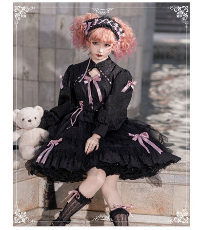 Long-Sleeve Band Collar Bow Two Tone Lolita A-Line Dress