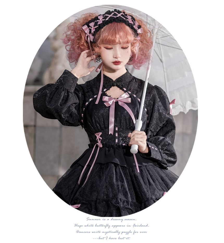 Long-Sleeve Band Collar Bow Two Tone Lolita A-Line Dress