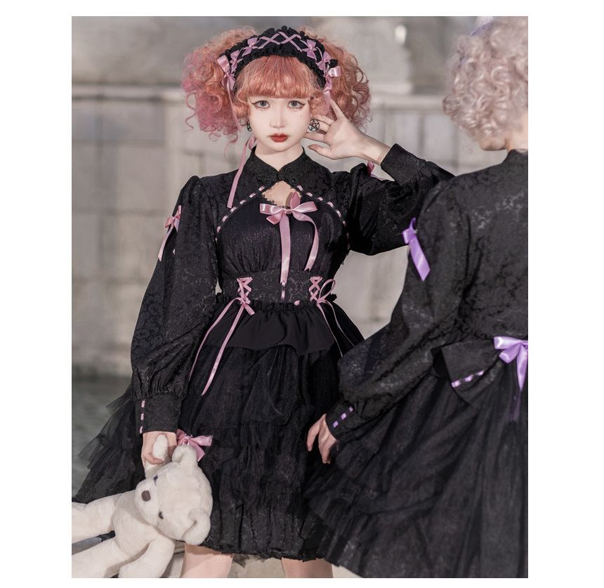 Long-Sleeve Band Collar Bow Two Tone Lolita A-Line Dress