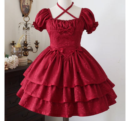 Short-Sleeve Square Neck Bow Floral Lolita A-Line Dress