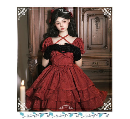 Short-Sleeve Square Neck Bow Floral Lolita A-Line Dress