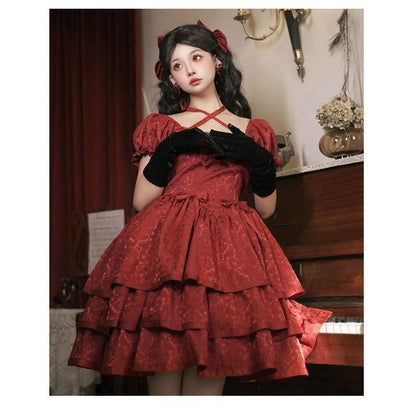 Short-Sleeve Square Neck Bow Floral Lolita A-Line Dress