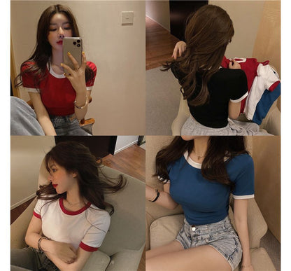 Neck Trim Plain Contrast Tee Crew Cropped Short-Sleeve