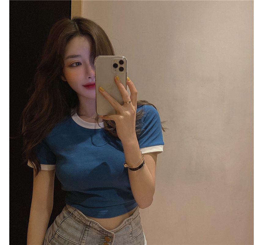 Neck Trim Plain Contrast Tee Crew Cropped Short-Sleeve