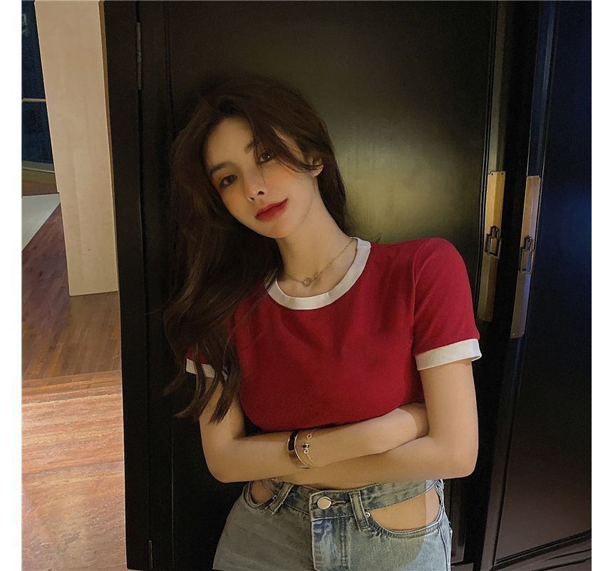 Neck Trim Plain Contrast Tee Crew Cropped Short-Sleeve