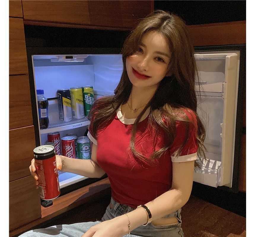 Neck Trim Plain Contrast Tee Crew Cropped Short-Sleeve