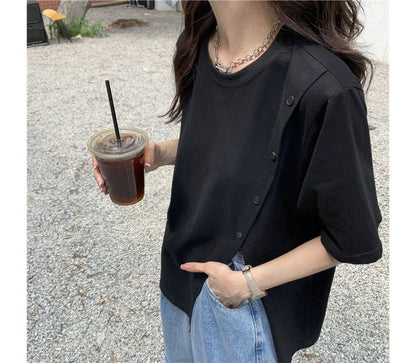 Short-Sleeve Tee Crew Neck Side-Slit Plain
