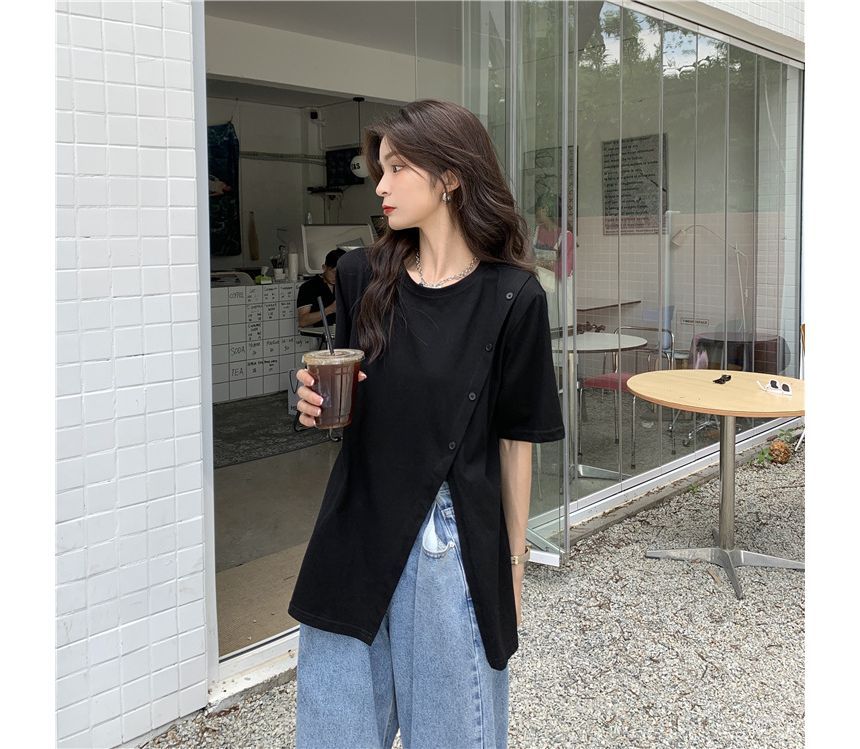 Short-Sleeve Tee Crew Neck Side-Slit Plain