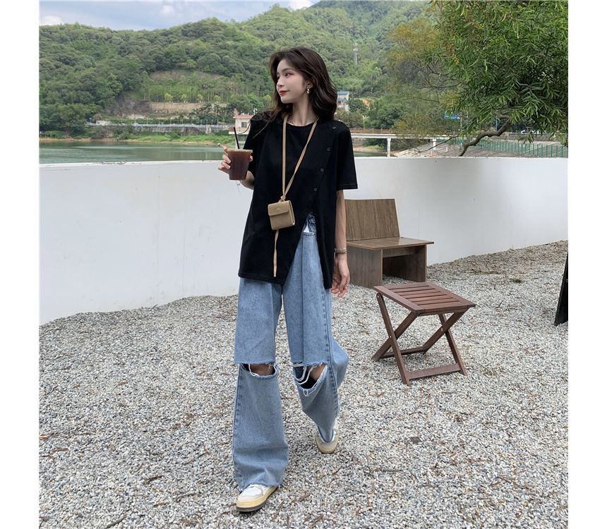 Short-Sleeve Tee Crew Neck Side-Slit Plain