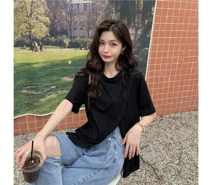 Short-Sleeve Tee Crew Neck Side-Slit Plain