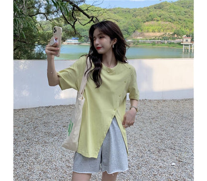 Short-Sleeve Tee Crew Neck Side-Slit Plain