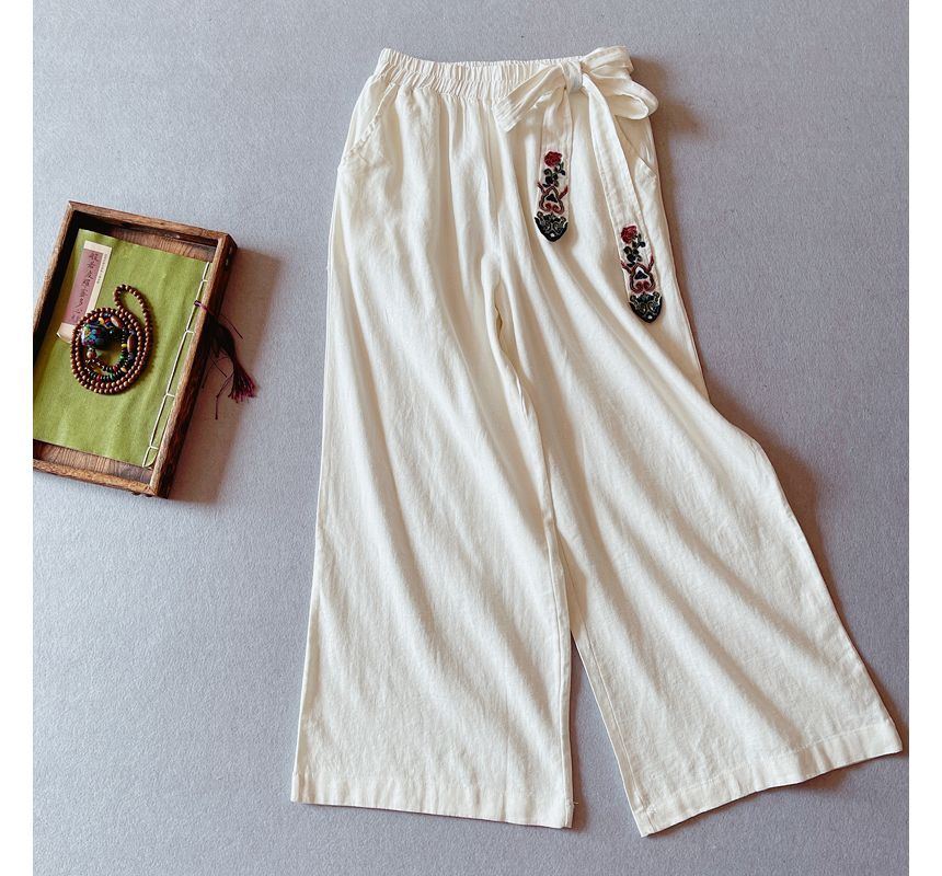 Elastic Waist Embroidered Wide Leg Pants