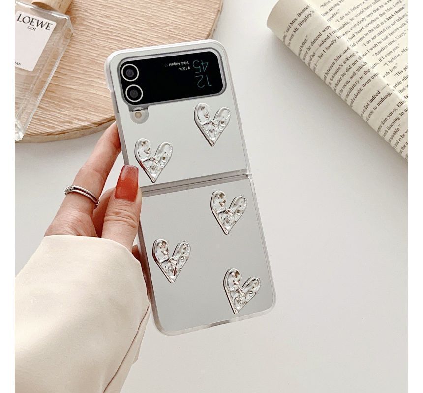 Heart Applique Mirror Phone Case For Samsung Galaxy Z Flip3, Flip4
