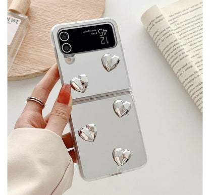 Heart Applique Mirror Phone Case For Samsung Galaxy Z Flip3, Flip4
