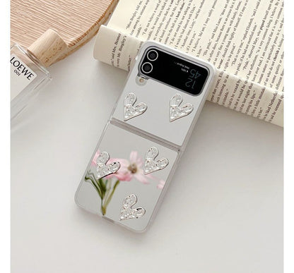 Heart Applique Mirror Phone Case For Samsung Galaxy Z Flip3, Flip4