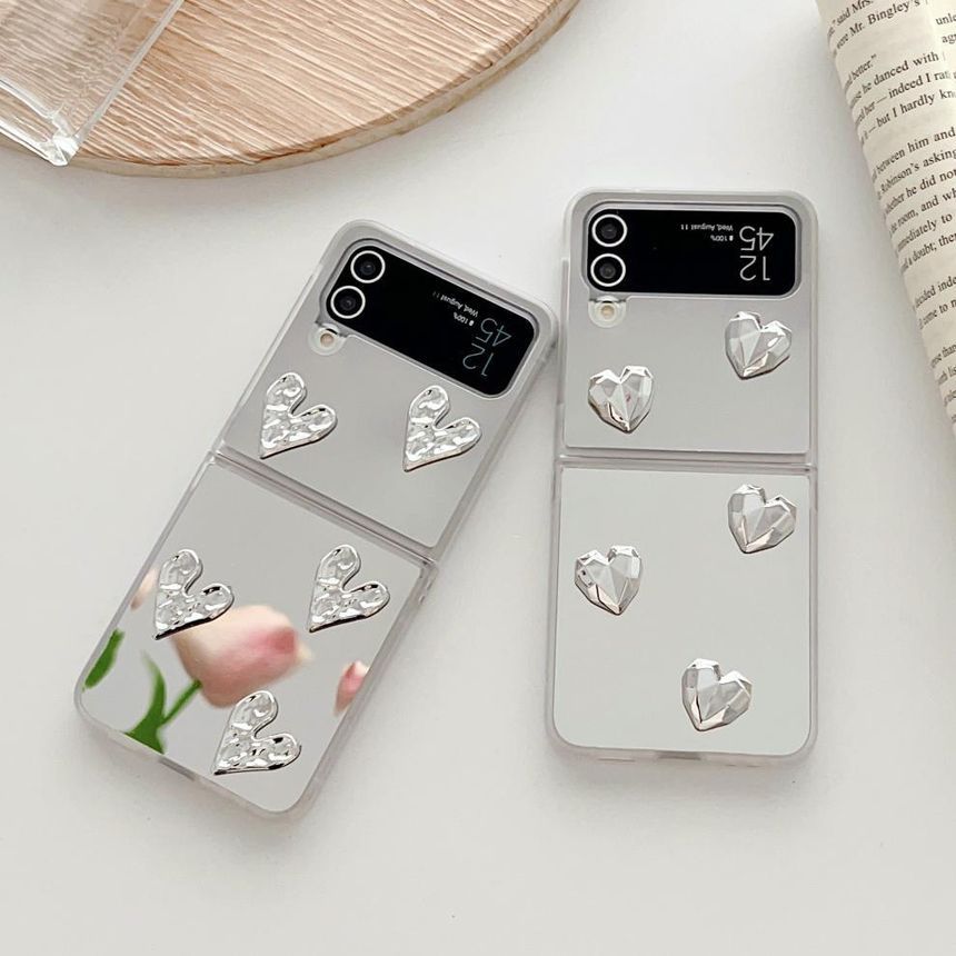 Heart Applique Mirror Phone Case For Samsung Galaxy Z Flip3, Flip4