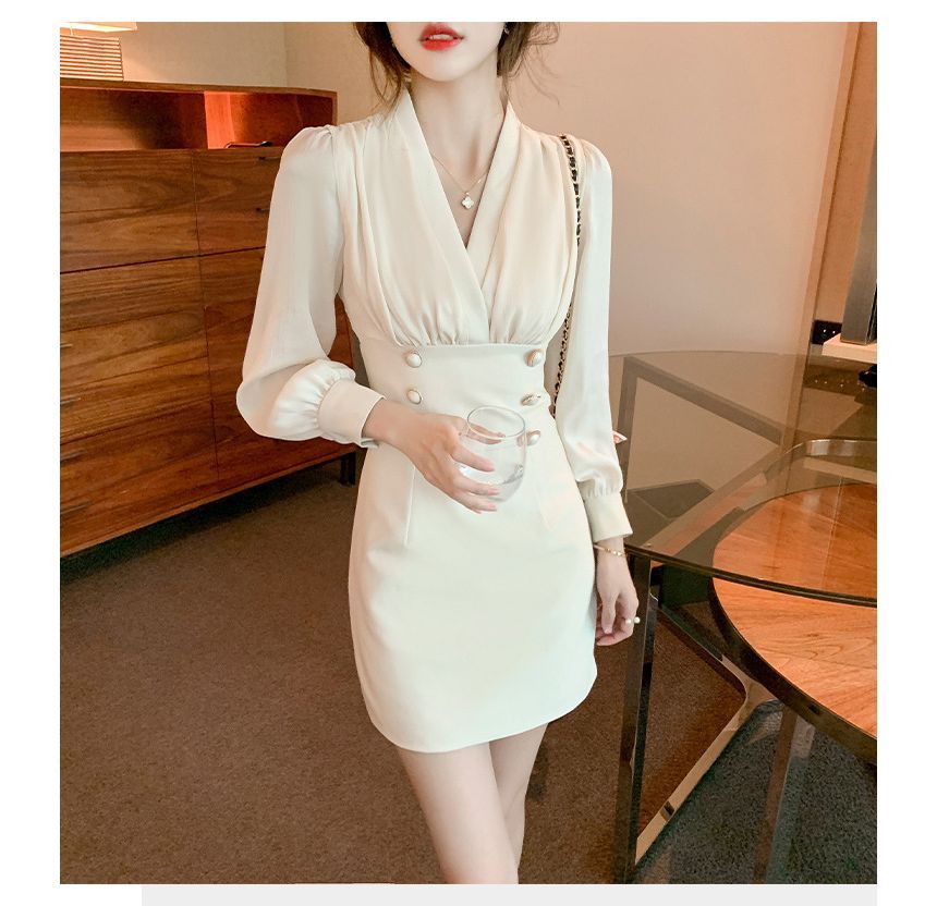 Puff-Sleeve V-Neck Double-Breasted Mini Bodycon Dress