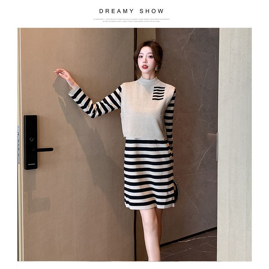 Set: Long-Sleeve High Neck Striped Mini Knit Dress + High Neck Paneled Sweater Vest