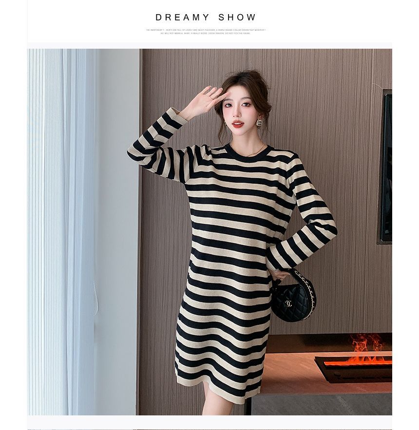 Set: Long-Sleeve High Neck Striped Mini Knit Dress + High Neck Paneled Sweater Vest