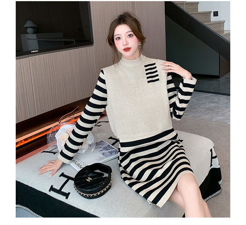 Set: Long-Sleeve High Neck Striped Mini Knit Dress + High Neck Paneled Sweater Vest