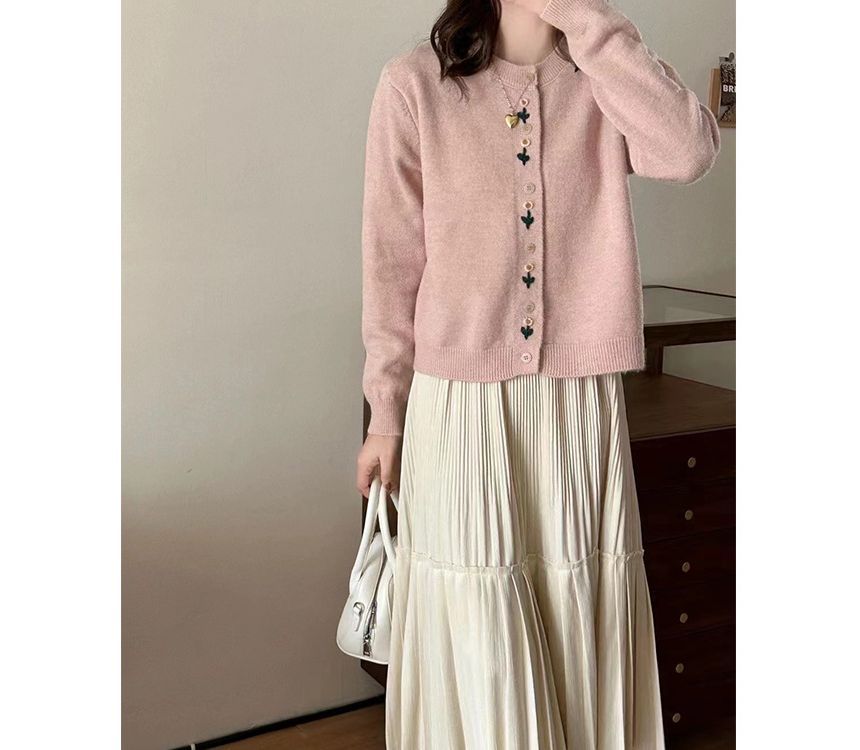 Plain Floral Neck Crew Cardigan