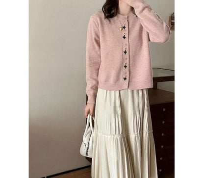 Plain Floral Neck Crew Cardigan