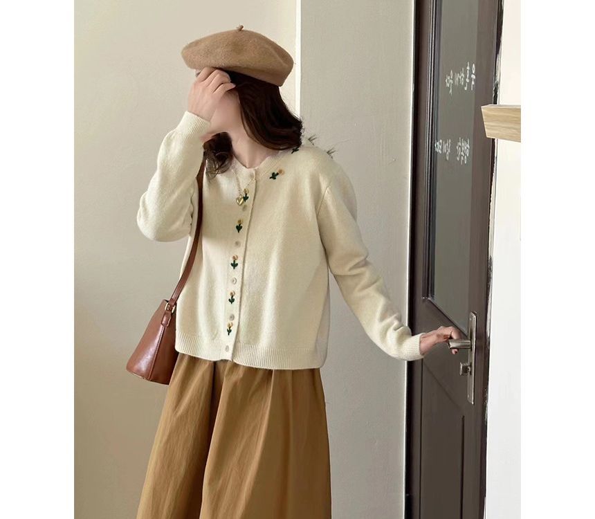 Plain Floral Neck Crew Cardigan