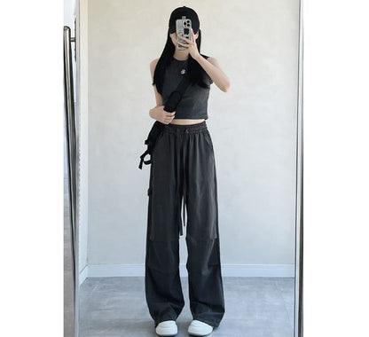 High Rise Drawstring Plain Wide Leg Parachute Cargo Sweatpants