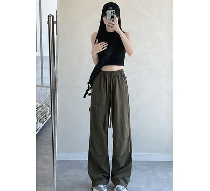 High Rise Drawstring Plain Wide Leg Parachute Cargo Sweatpants