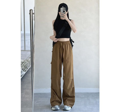 High Rise Drawstring Plain Wide Leg Parachute Cargo Sweatpants