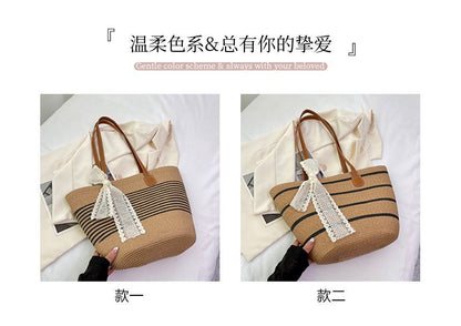 Set: Striped Straw Tote Bag + Lace Strap