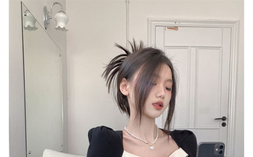 Knit Top Slim-Fit Square-Neck Puff-Sleeve