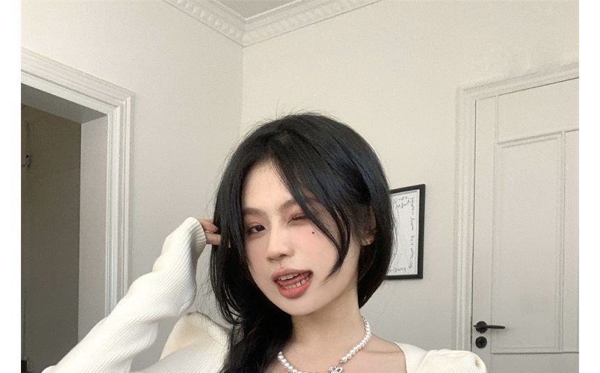 Knit Top Slim-Fit Square-Neck Puff-Sleeve